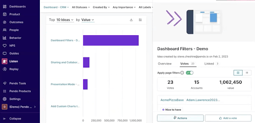 User interface of Pendo Listen's roadmaps tool